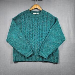 Vtg Womens Sweater XL Confetti Teal Lady Van Heusen Cable Knit Crewneck 70s 80s